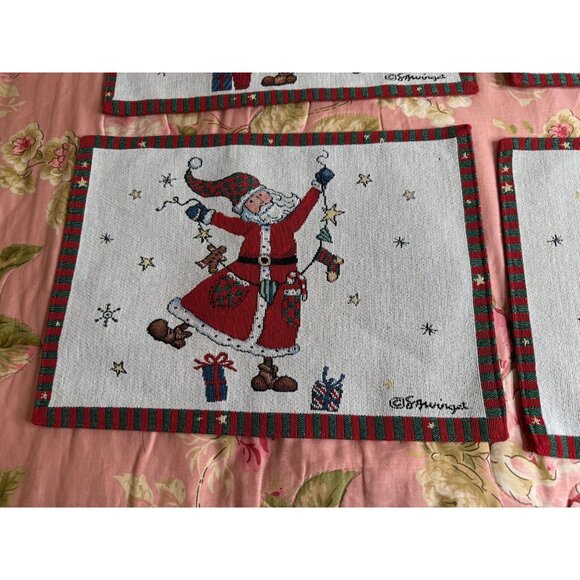 4 Vtg Santa Claus Tapestry Folkart Placemats Reversible Table top Grannycore - Picture 4 of 10